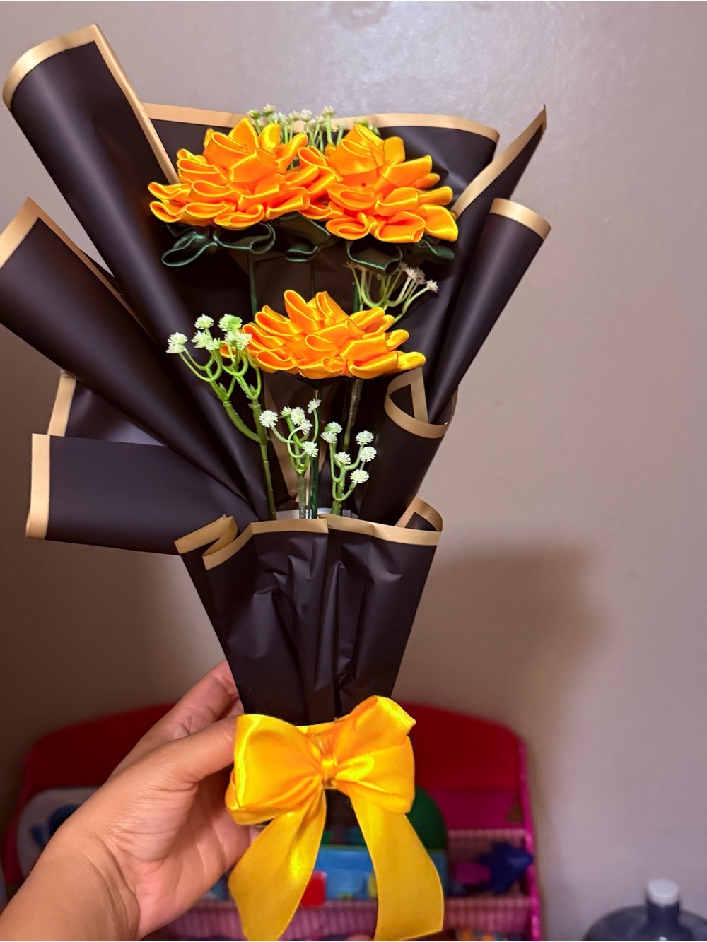 Orange Satin Artificial Flower Bouquet with Yellow Ribbon - Unbranded